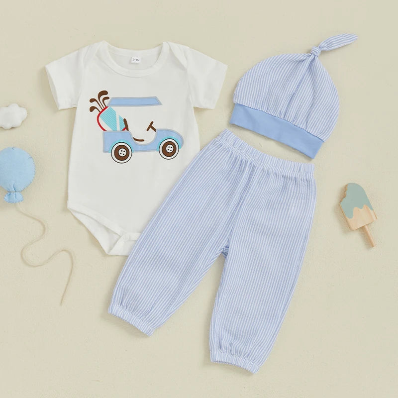 Infant Baby Boys Girls Summer Outfits Golf Cart Print Short Sleeve Romper with Stripe Pants and Hat 3 Pcs Set