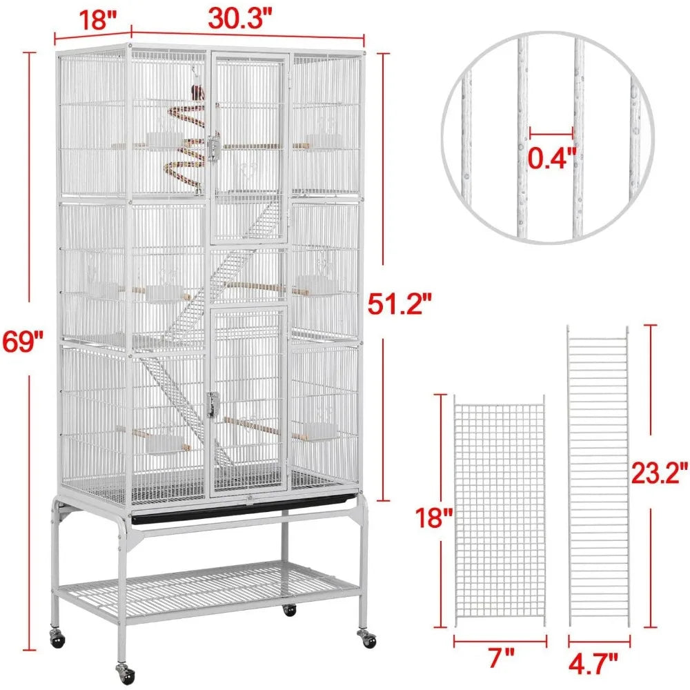 69'' Extra Large Bird Cage Metal Parrot Cage w/Detachable Stand for Mid-Sized Parrots Cockatiels Conures Parakeets Lovebirds Bu