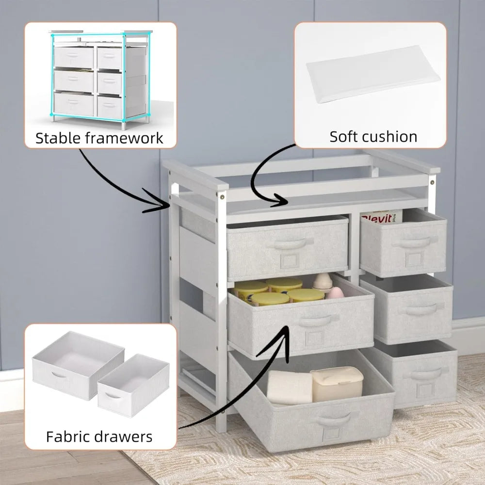 Baby Changing Table Dresser with 6 Storage Drawers and Pad Topper Changing Diaper Station Multifunctional Changing Nursery