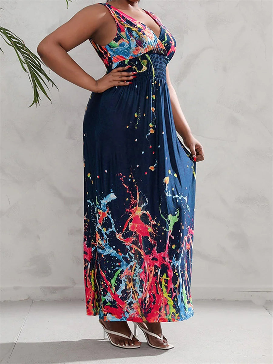 Women Plus Size Sleeveless Maxi Dress Casual Floral Print V-Neck Party Dress for Beach Club Streetwear Summer Fashion Trend