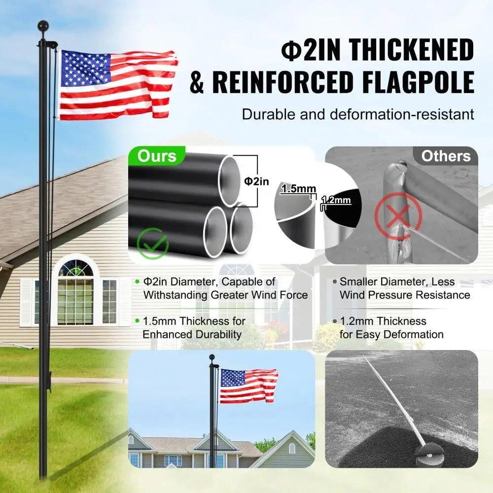 30FT Heavy Duty Aluminum Detachable Flagpole Kit Black American Flag Display
