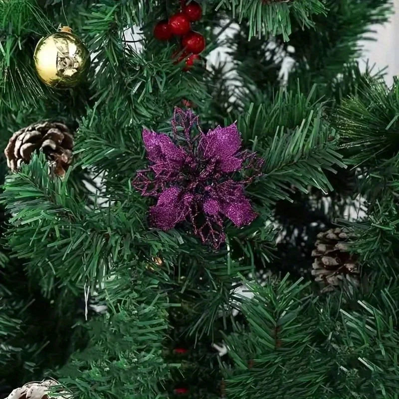 10pcs/set Christmas Glitter Flower 10cm Gold Silver Red Artificial Floral Head Xmas Tree Decoration Home New Year Navidad Gift
