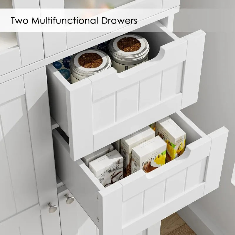67'' Tall Storage Cabinet, Bathroom Storage Cabinet with Frosted Glass Doors and Wood Drawers, Kitchen Pantry White