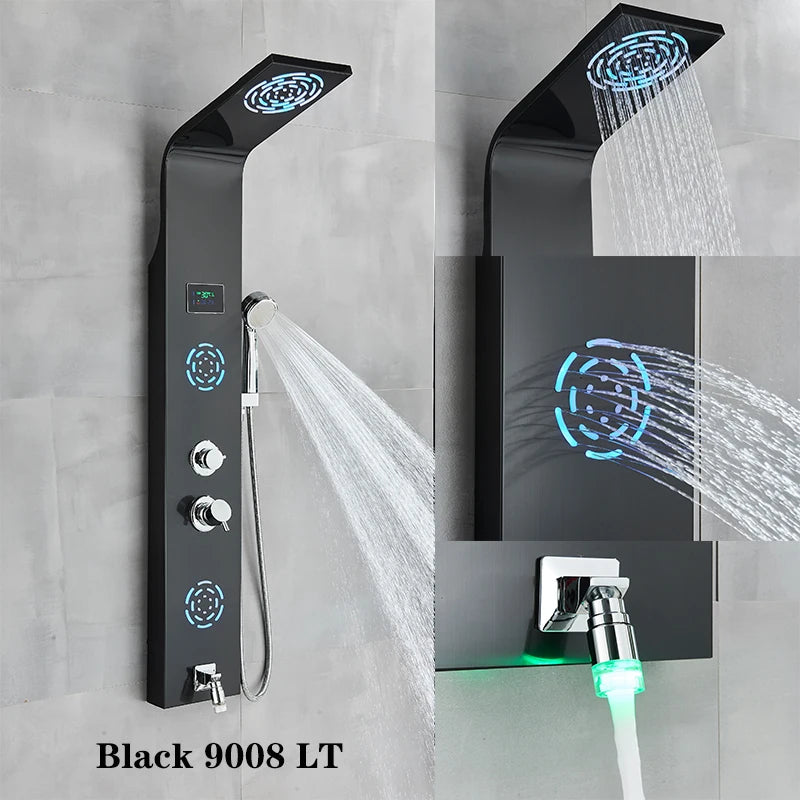 ALENARTWATER Bathroom Shower Panel LED Waterfall Shower Water Top Spray Temperature Display Faucet Back Massage with Water Tap