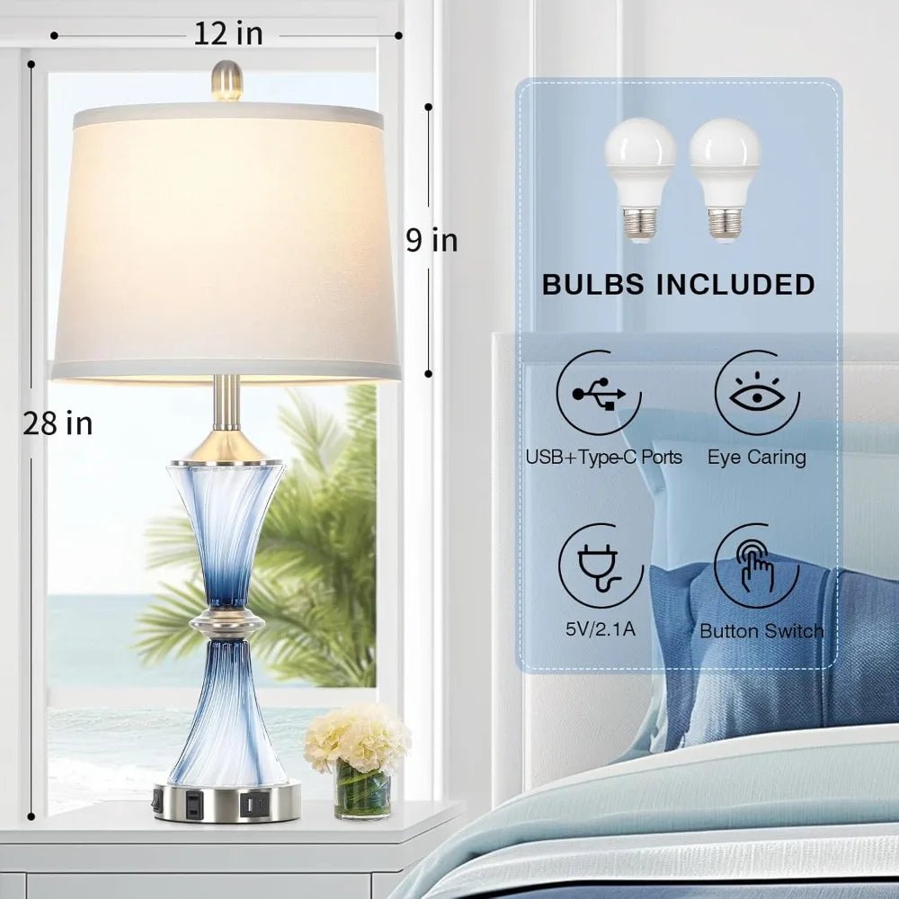 Blue Glass Table Lamp Set of 2 with USB C+A Ports & AC Outlet, Bedside Lamp, Modern Bedroom Lamps, Coastal Lamp for Night Stands