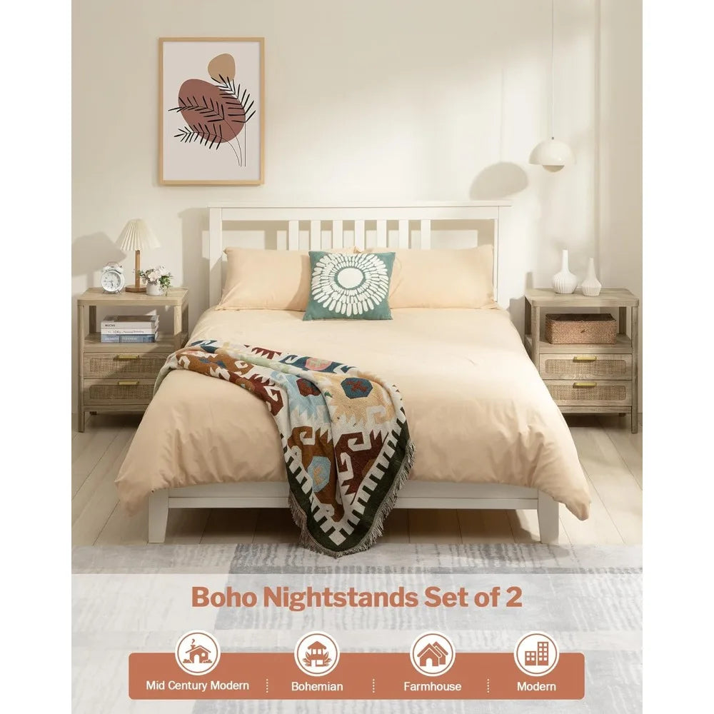 Set of 2 Natural Rattan Nightstands—2 Rattan Drawers + Open Shelf, Farmhouse Wood Bedside End Tables for Bedroom & Living Room