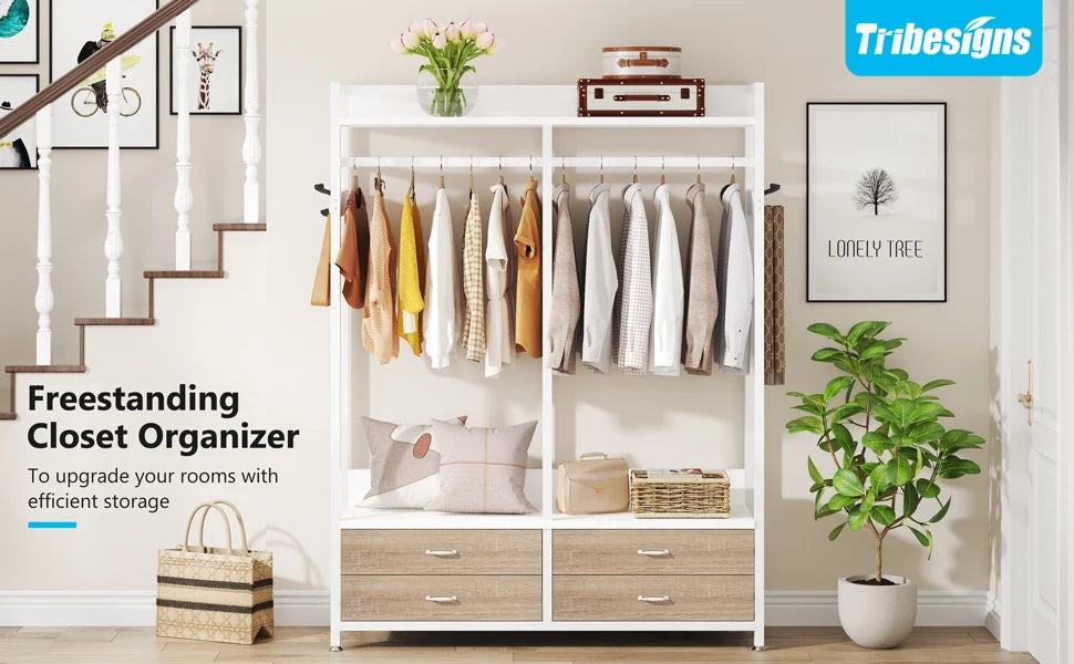 Tribesigns Freestanding Closet Organizer for Hanging Clothes, Heavy Duty Garment Rack with Drawers, 8 Hooks and Storage Shelves