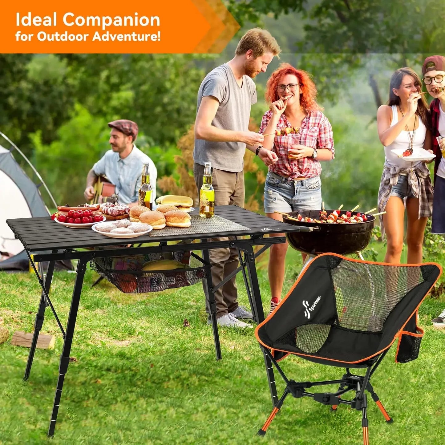 Camping Tables That Fold Up Lightweight, Adjustable Height Aluminum Folding Table with Top Mesh Layer, Roll Up Camping Table for