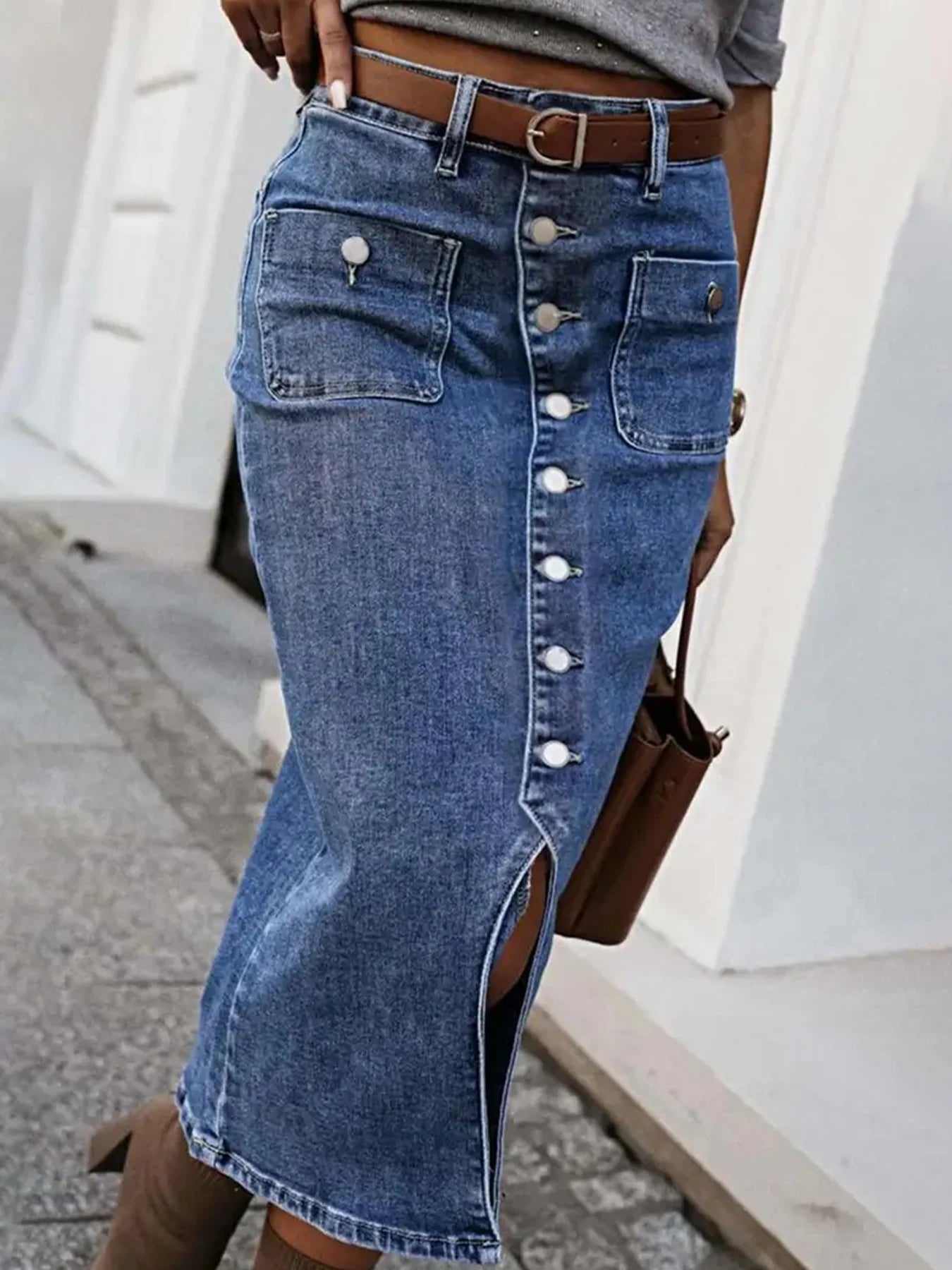 Women's Elegant Slit Front Button Denim Skirt, Fashionable and Casual Versatile Denim Skirt, Suitable for Spring and Summer