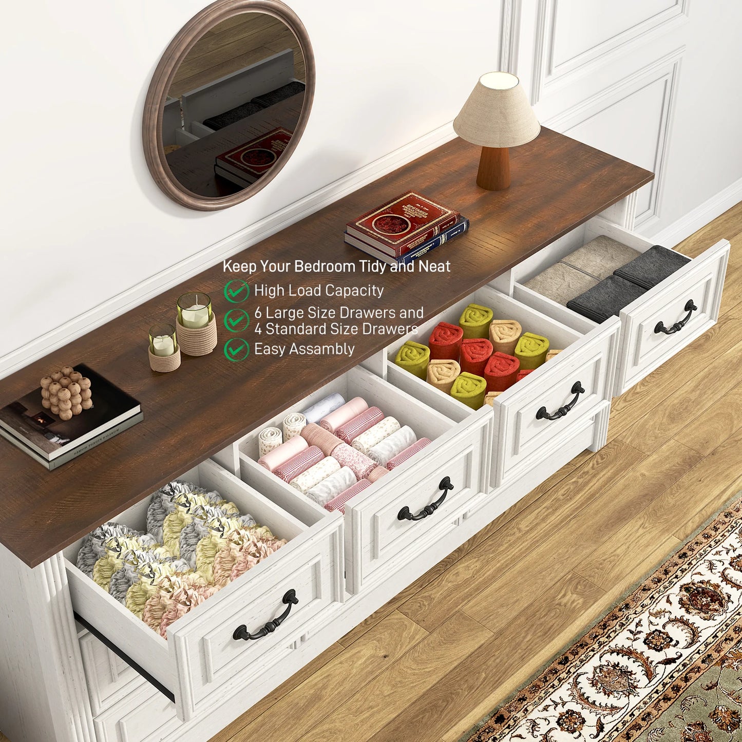 Farmhouse 10 Drawer Dresser for Bedroom, 63” Wood Chest of Drawers with Rustic Handles, Wide Closet Dressers Organizer