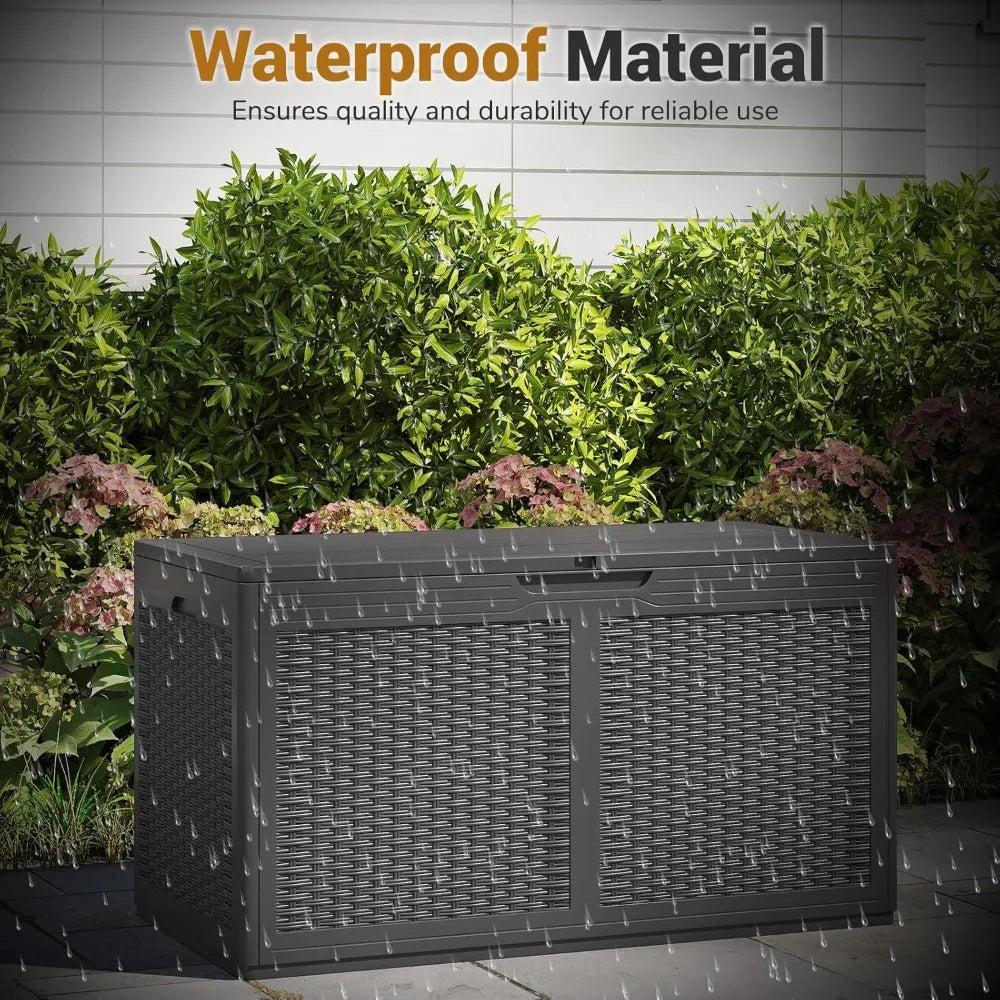 100 Gallon Outdoor Storage Box, Lockable Outdoor Storage Bench with 2 Smooth Wheels, Faux Rattan Surface, Waterproof Resin Deck
