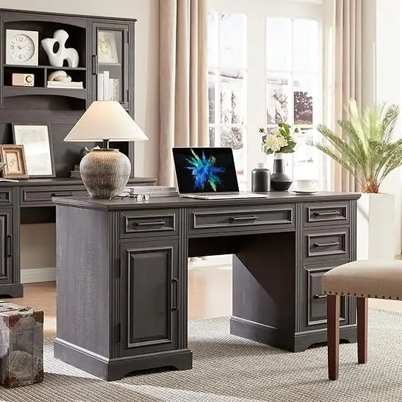58" Executive Desk, Farmhouse Computer Desk with Drawers and Cabinet, Embossed Texture Home Office Desk, Workspace for Work Stu