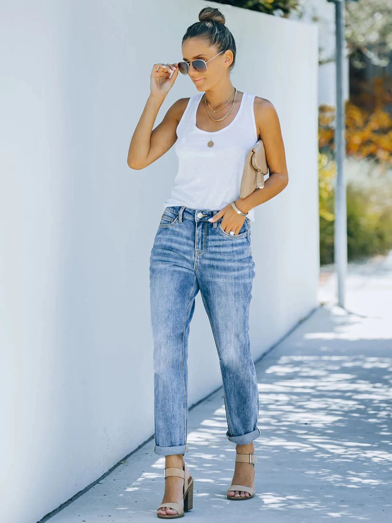 2025 New Women's Mid-Waist Elastic Straight Jeans Functional Bag Street Style Machine Washable Casual Clothing