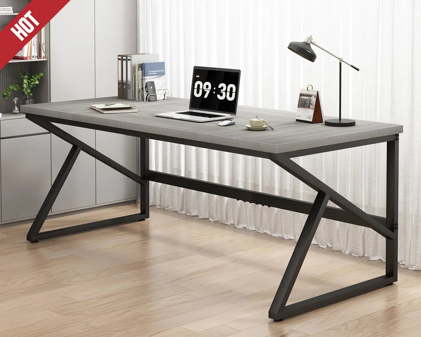 70 Inch Long Grey Desk, Large Home Office Computer Desk for 2 People, Industrial Wood and Metal Executive Work Writing Study