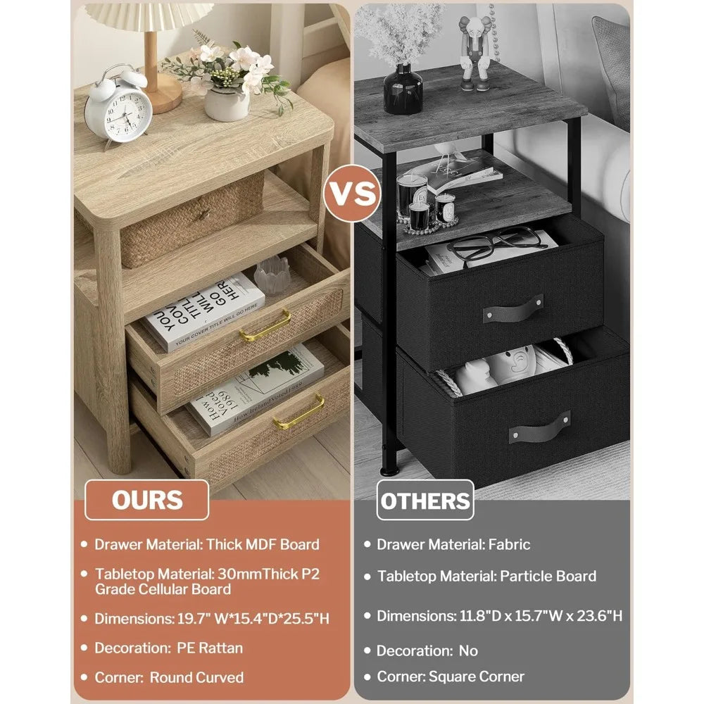 Set of 2 Natural Rattan Nightstands—2 Rattan Drawers + Open Shelf, Farmhouse Wood Bedside End Tables for Bedroom & Living Room