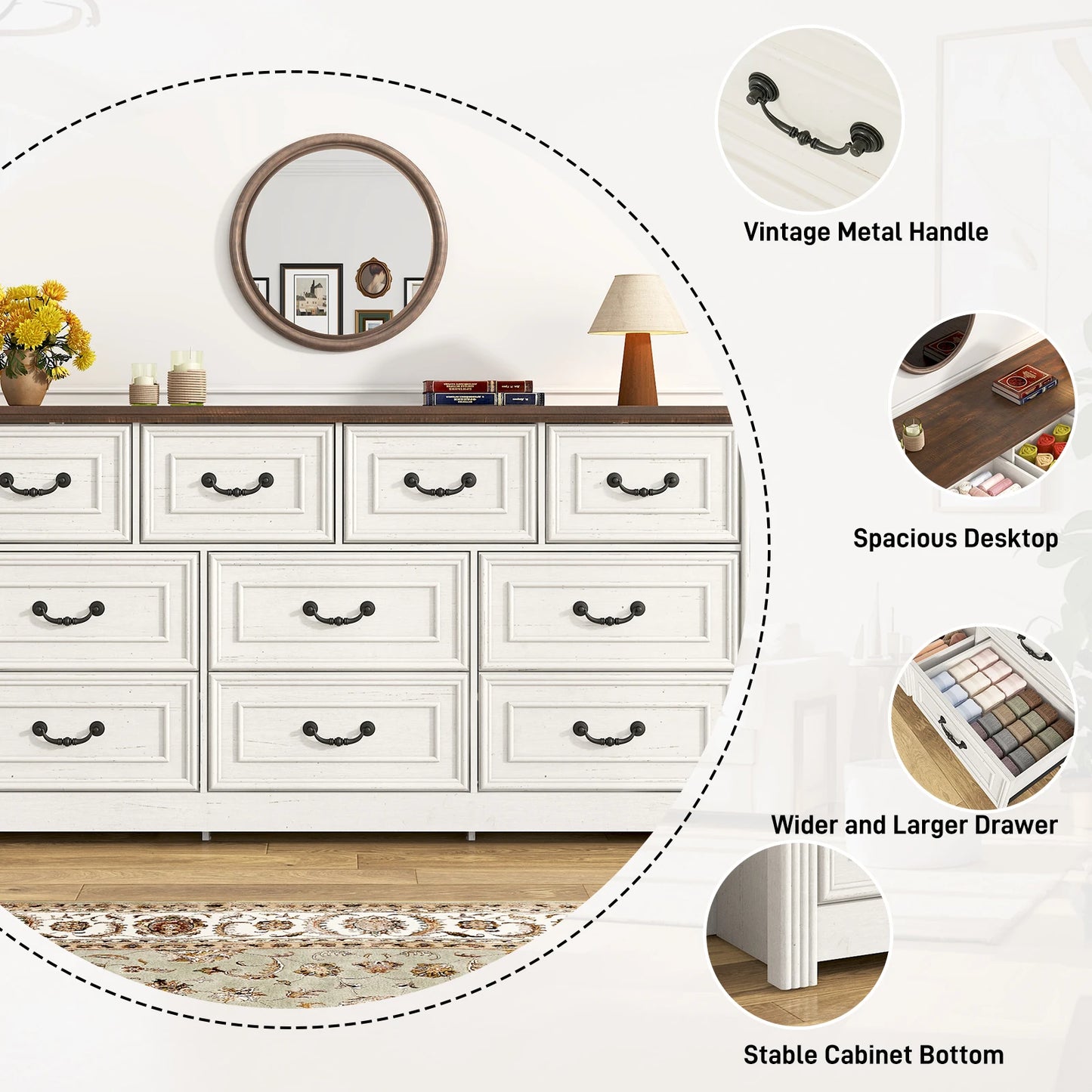 Farmhouse 10 Drawer Dresser for Bedroom, 63” Wood Chest of Drawers with Rustic Handles, Wide Closet Dressers Organizer