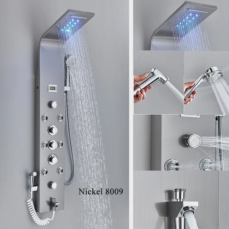 ALENARTWATER Bathroom Shower Panel LED Waterfall Shower Water Top Spray Temperature Display Faucet Back Massage with Water Tap