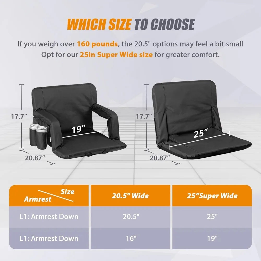 20.5"/25" Wide Stadium Seat for Bleachers w/Back Support Padded Cushion Portable Reclining Bleacher Seats