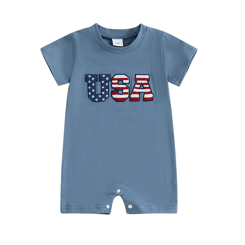 Infant Independence Day Oversized Design with Embroidered Message Round Neck Short Sleeve Baby Outfit for Fourth of July