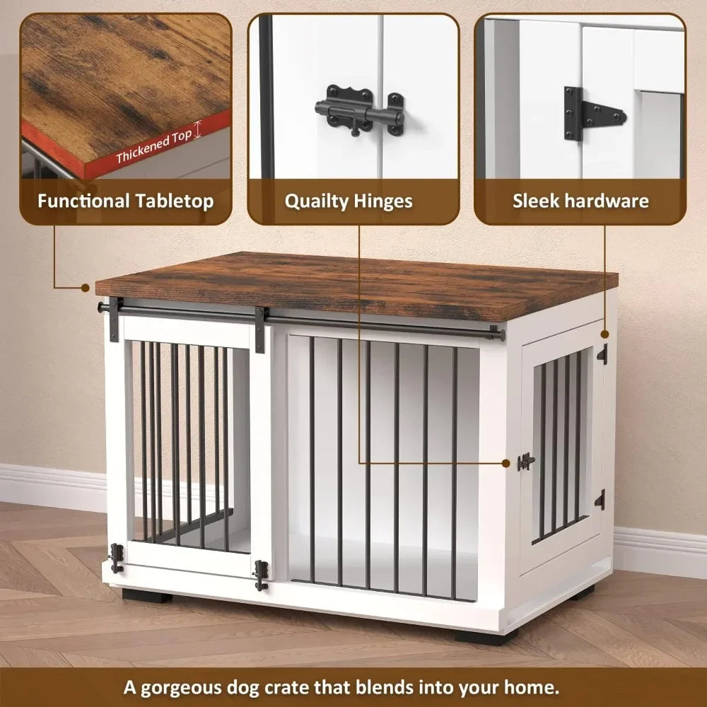 Dog Crate Furniture, Barn Door Puppy Crate with Padded Farmhouse Top and Metal Rails, White Decorative Modern Dog Crate Table
