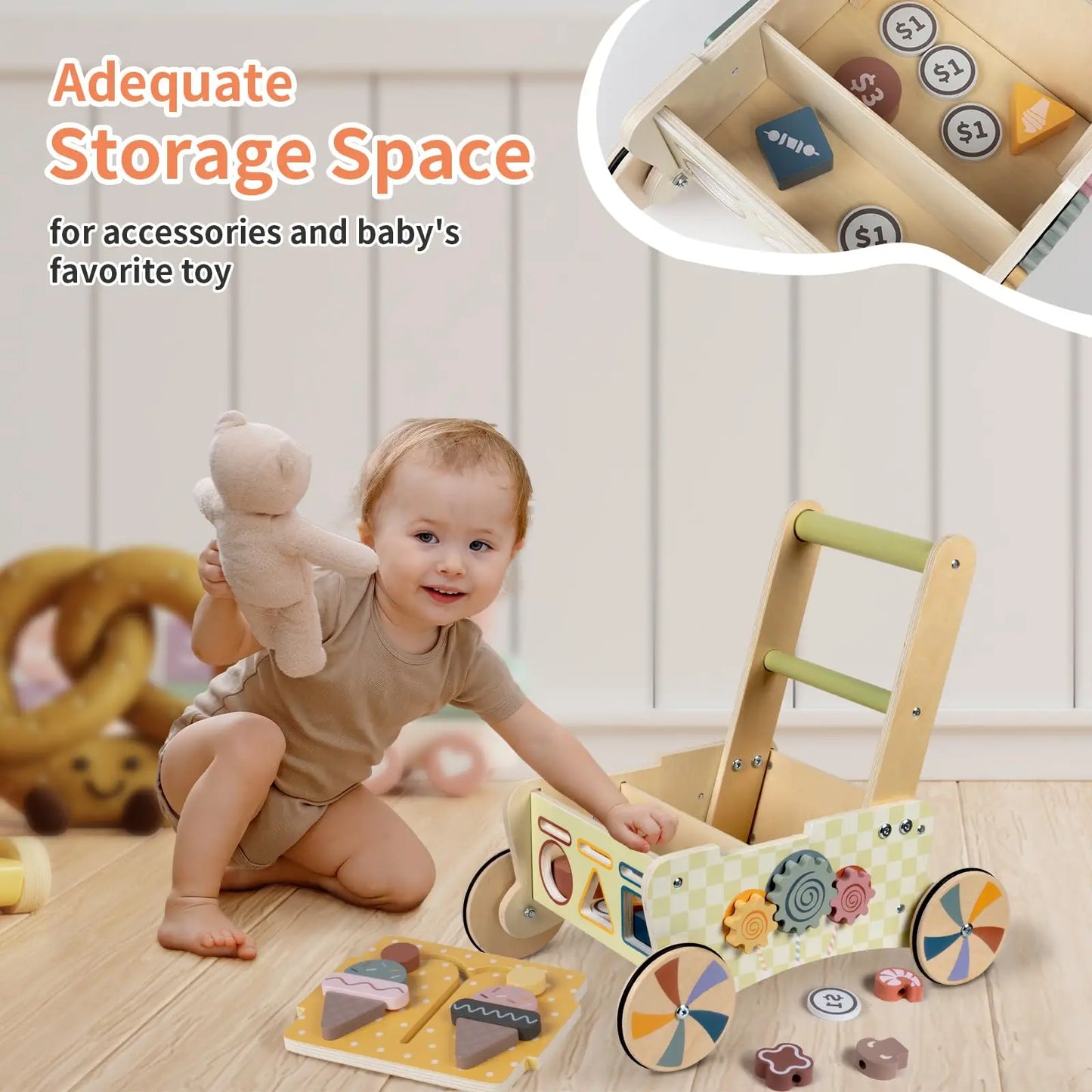Wooden Baby Push Walker, Kids Play Kitchen Shopping Cart, Baby Walking Toys Activity Center For 1 2 Year Old Girl Boys Gifts
