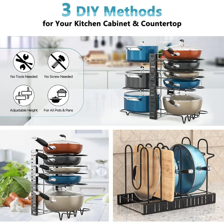 8 Tier Pot and Pan Organizer Rack for Cabinet With 3 DIY Methods Adjustable Organizer for Pots Pans and Lids