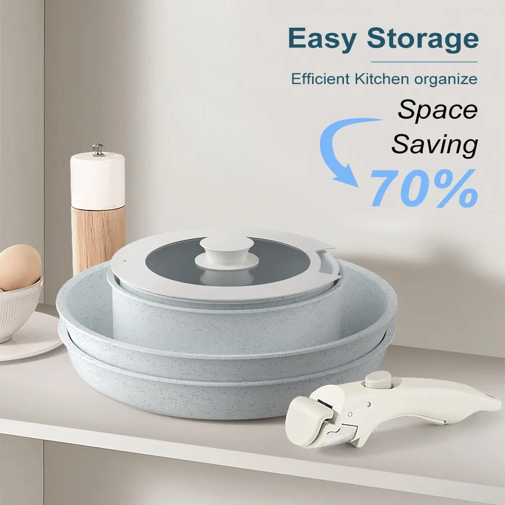 17-Pieces Ceramic Cookware Set,Non Stick Pots and Pans Cooking Set with Detachable Handle and Glass Lid, Dishwasher & Oven Safe