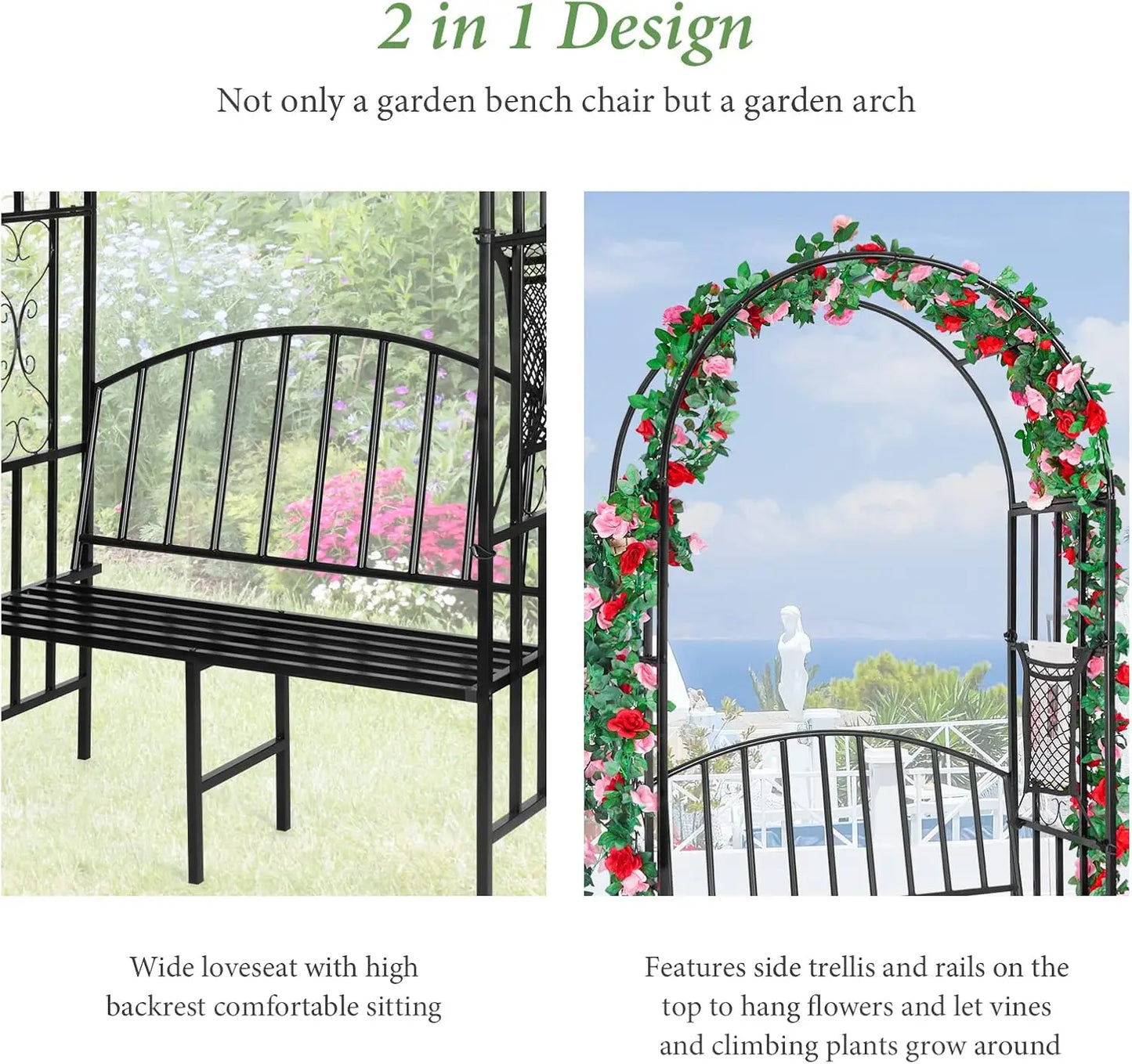 Garden Arch Heavy Duty (Holds 660lbs-250kg) | Metal Arbor Archway for Climbing Plant & Two People Seat Bench |Outdoor