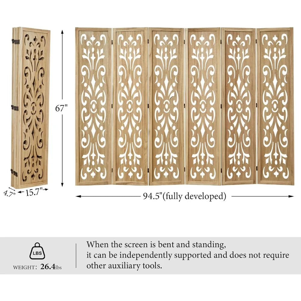 5.6Ft Room Divider Folding Wood Classical Carved Partition Screen for Home Office Garden - 6 Panels (Natural)