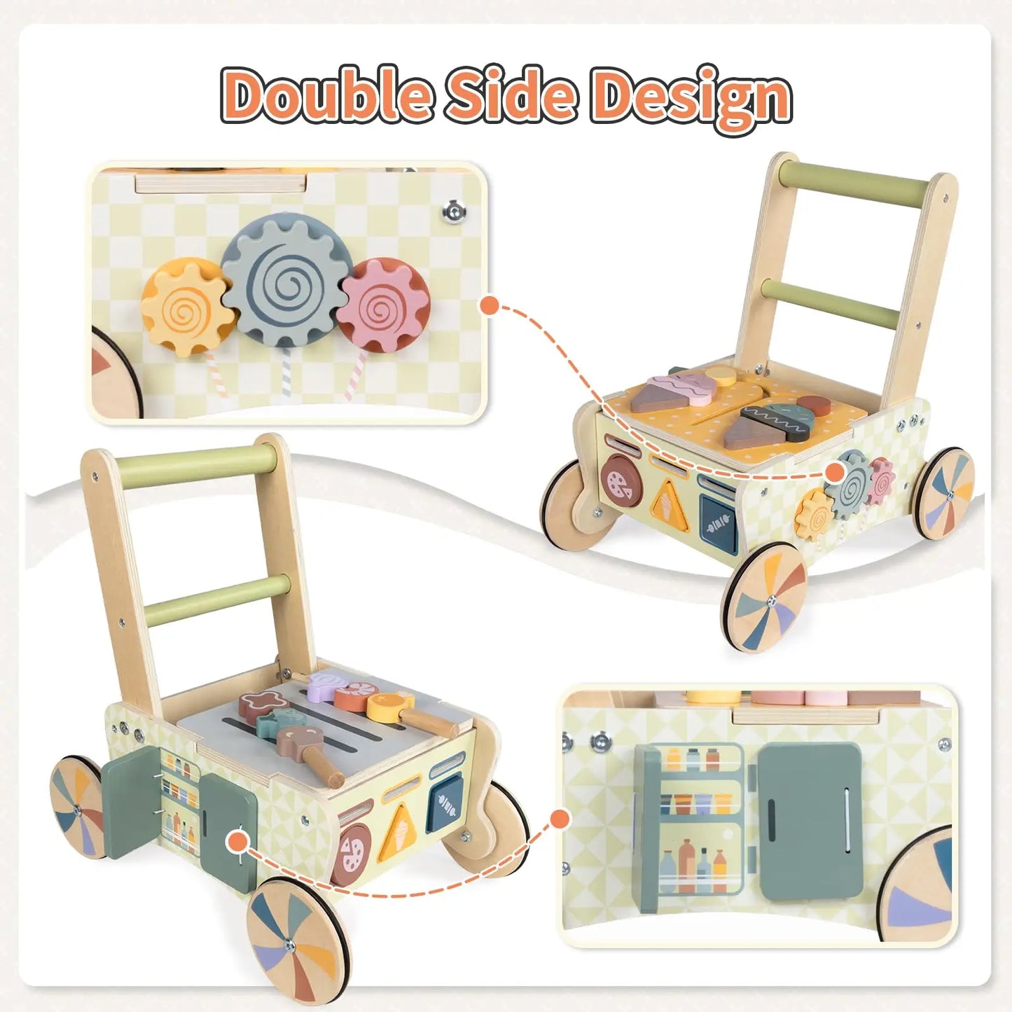 Wooden Baby Push Walker, Kids Play Kitchen Shopping Cart, Baby Walking Toys Activity Center For 1 2 Year Old Girl Boys Gifts