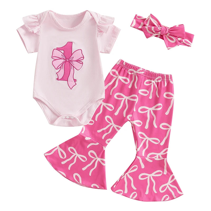 Adorable Baby Girl Floral Print Sleeveless Romper with Matching Bow Headband and Ruffle Hem Pants 3-Piece Outfit Set for Summer