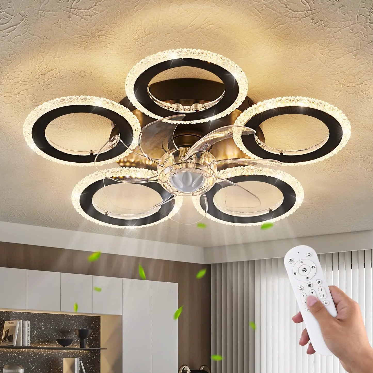 32" White Ceiling Fan with Light Remote Control, Modern Geometric Ceiling Fan with Lights, 6 Speeds 3 Light Color Low Profile Ce