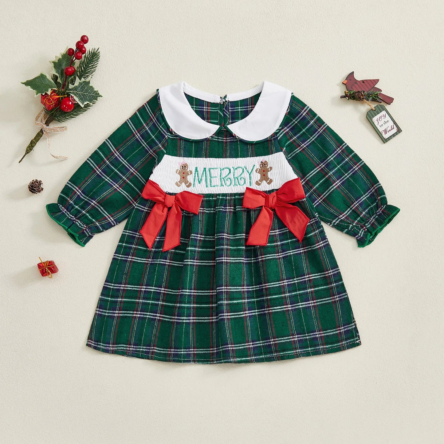 Winter Christmas Kids Toddler Baby Girl Dress Plaid Tree Collar Long Sleeve A-line Dress Bows Fall Xmas Clothes