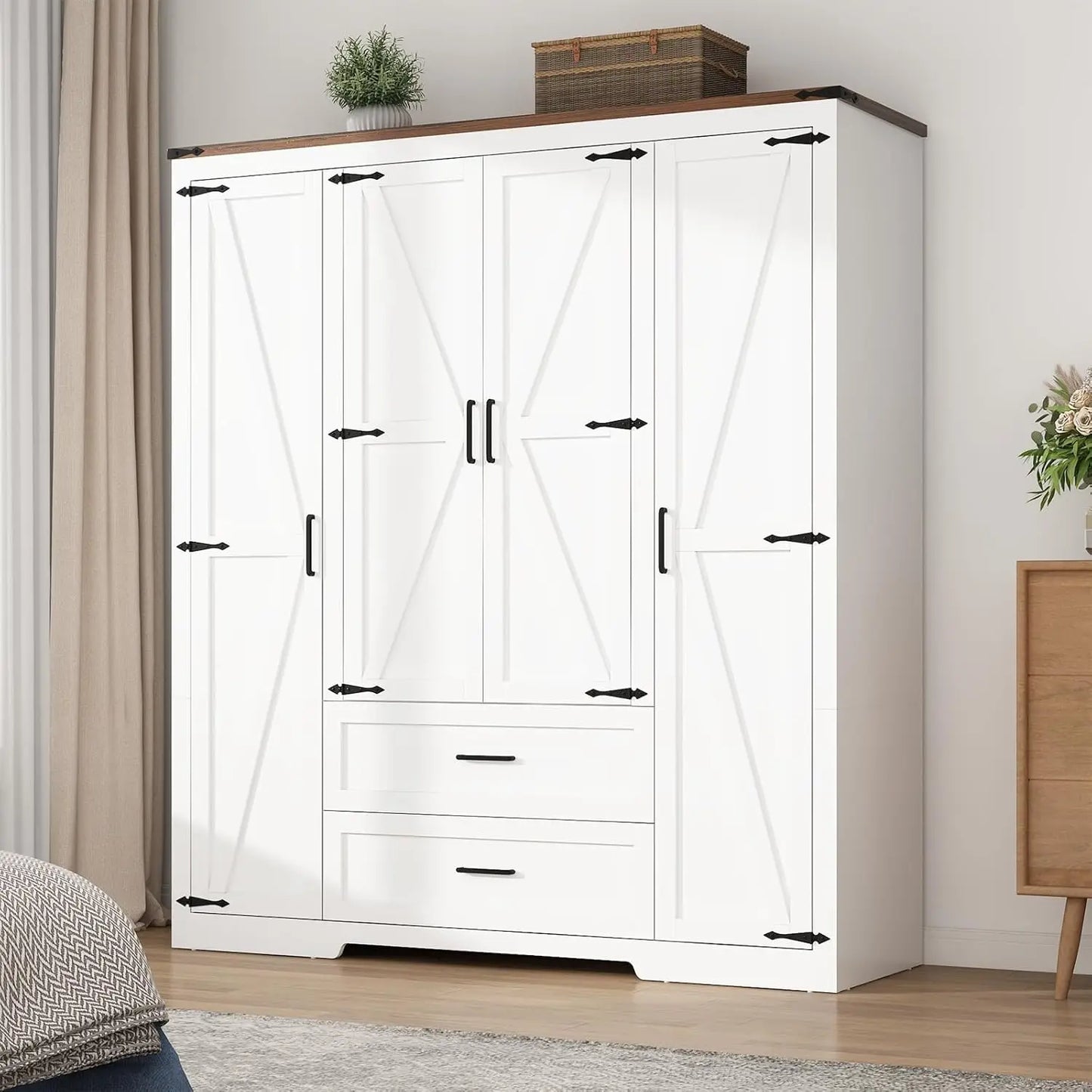 4 Doors Wardrobe Armoire Closet with Doors and Drawers, Farmhouse Wooden Armoire Storage Cabinet with Shelves & Hanging Rod