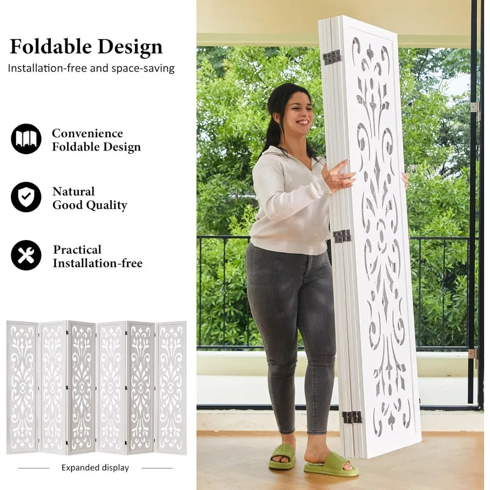 5.6Ft Room Divider Folding Wood Classical Carved Partition Screen for Home Office Garden - 6 Panels (White)