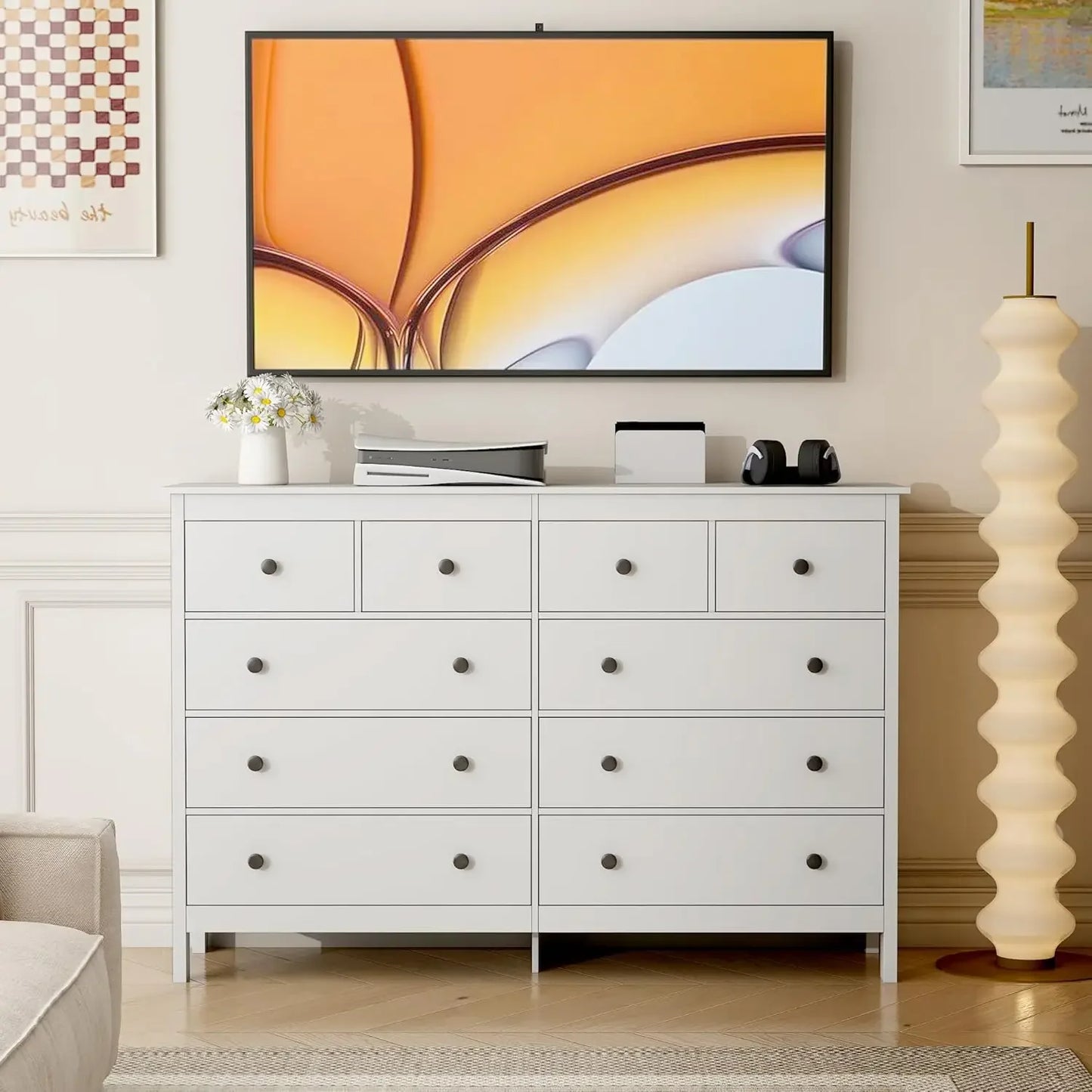 XMSJ-10 Drawer Dresser, 55" Modern White Dressers and Chests of Drawers, 10 Drawer Wide Dressers for Bedroom