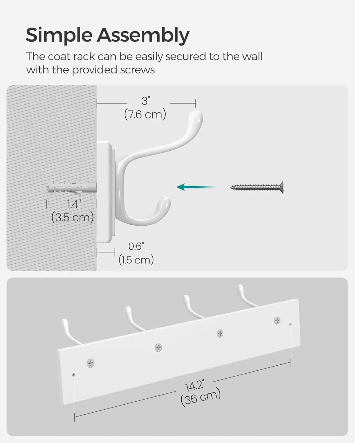 Wall Mounted Coat Rack with 4 Dual Metal Hooks for Entryway Bedroom Living Room Storage White