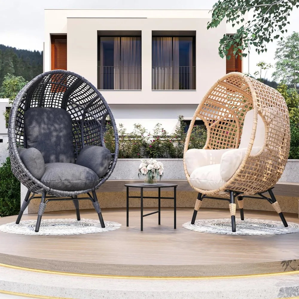 Oversized Wicker Egg Chair Outdoor Indoor Rattan Patio Egg Lounge Chairs with Cushion 500lbs Capacity for Living Room, Balcony,