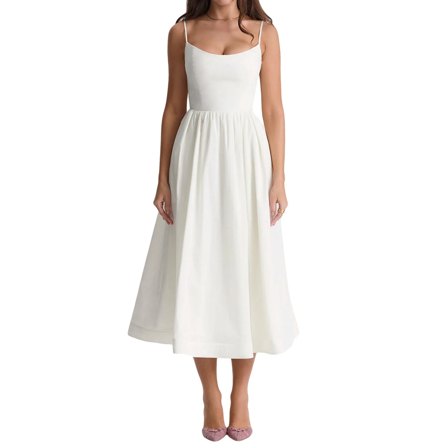 Women s Summer Midi Dress Solid Color Sleeveless Backless Party Dress Spaghetti Strap Beach Dress