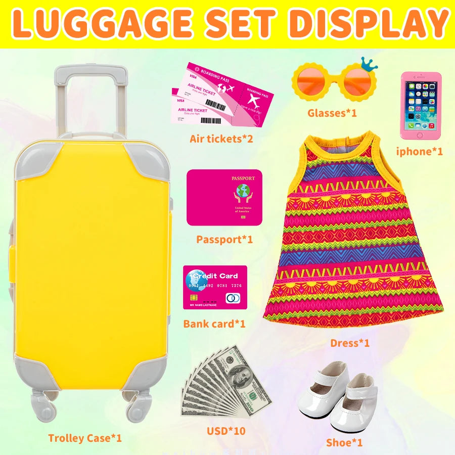 18Inch Doll Clothes Yellow Dress Lovely Travel Suitcase American Doll Summer Outfit Pineapple sunglasses Baby Toys Girl's Gift