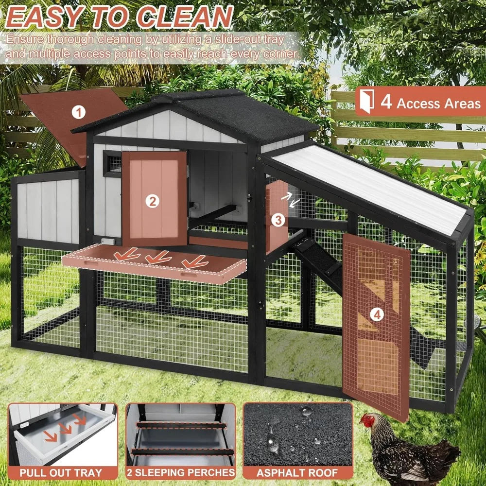 65.3" L Chicken Coop and Run, Wooden Hen House for 1-2 Chickens with Nesting Box, Tray, Perches Indoor/Outdoor Pet Hutch Backyar