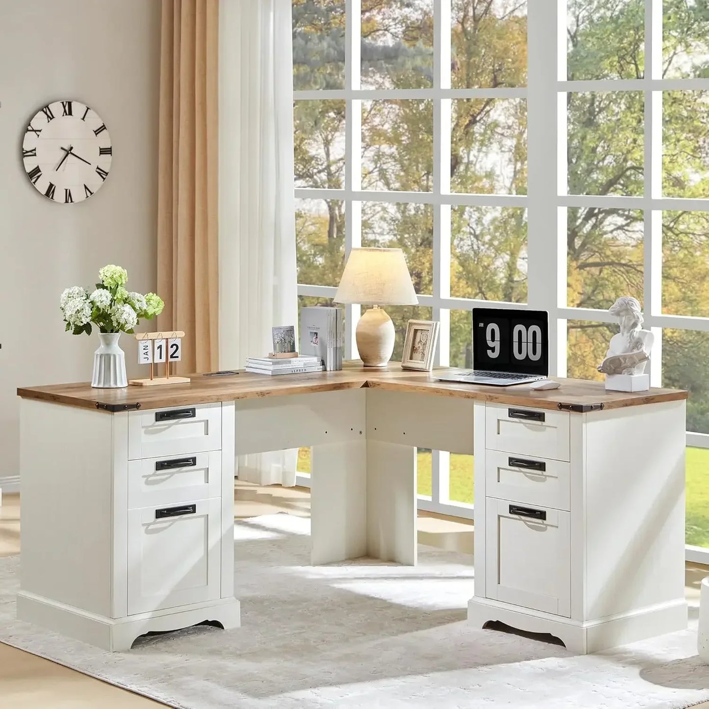 60" Farmhouse L Shaped Executive Desk Wood Home Office Corner Desk File Drawer, Storage Cabinet, Rustic Computer Writing Desk