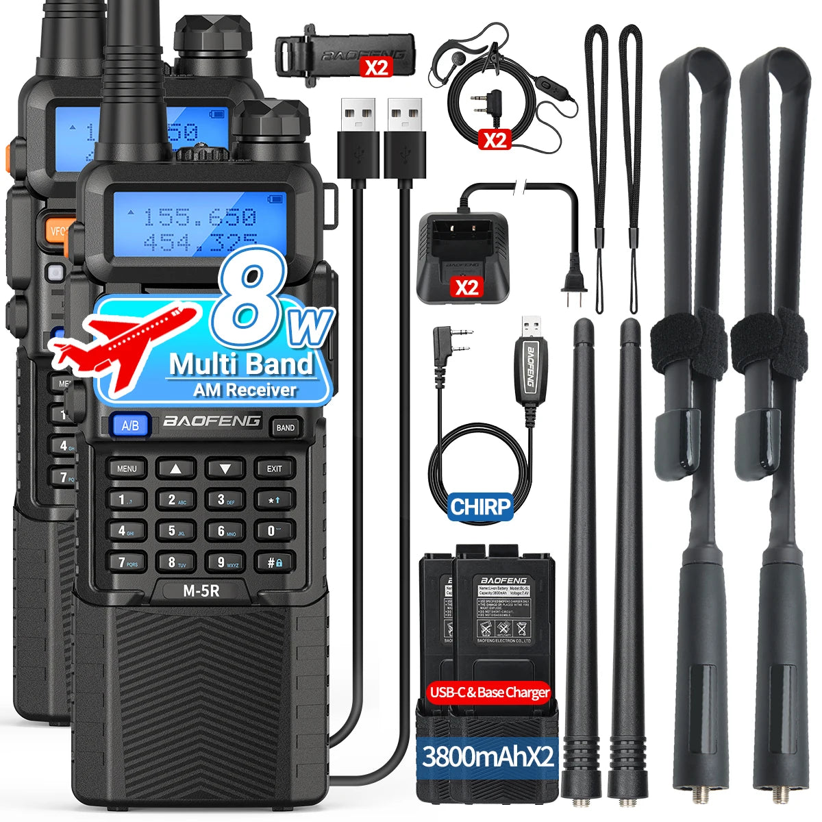 2PCS Baofeng M-5R Walkie Talkie Multi Band Rechargeable 3800mAh Battery UV-5R Ham Radio Handheld Long Range for Hunting Camping