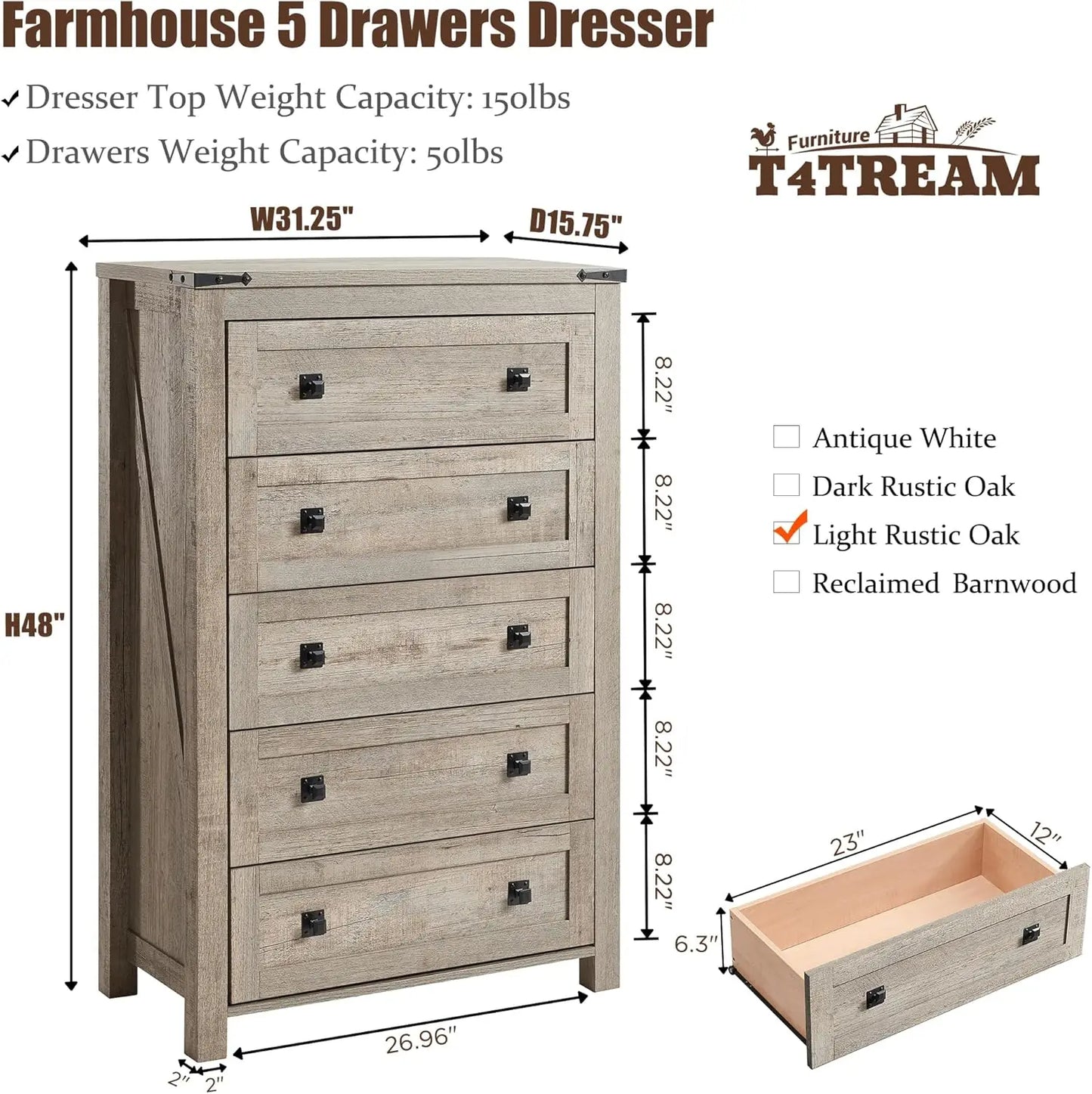 Farmhouse 5 Drawers Dresser Chests for Bedroom, Wood Rustic Tall Chset of Drawers,Dressers Organizer for Bedroom