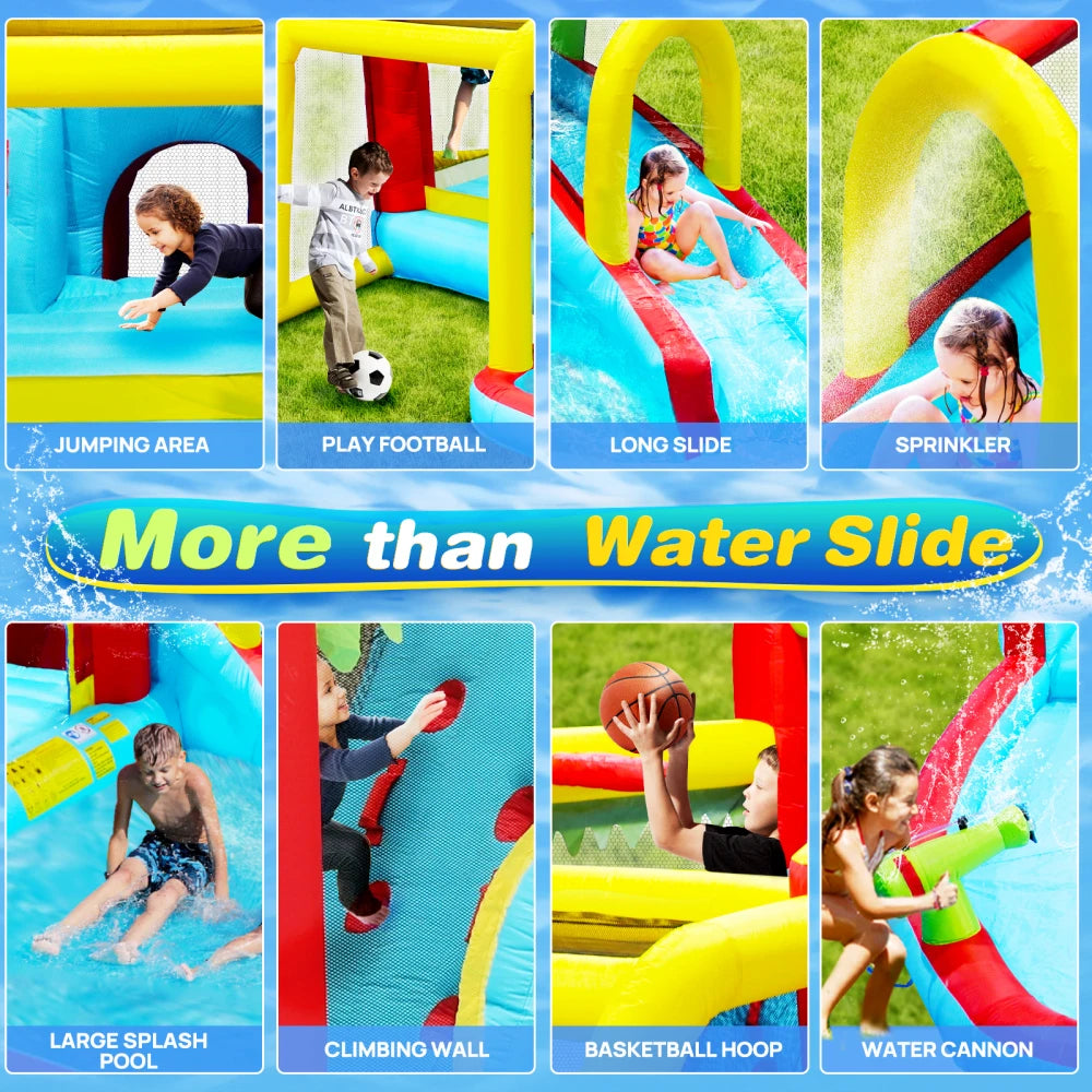 7 in1 Inflatable Slide Water Park Bouncing House Outdoor Soccer Garden Bouncer with Splash Pool Water Gun Climbing Wall