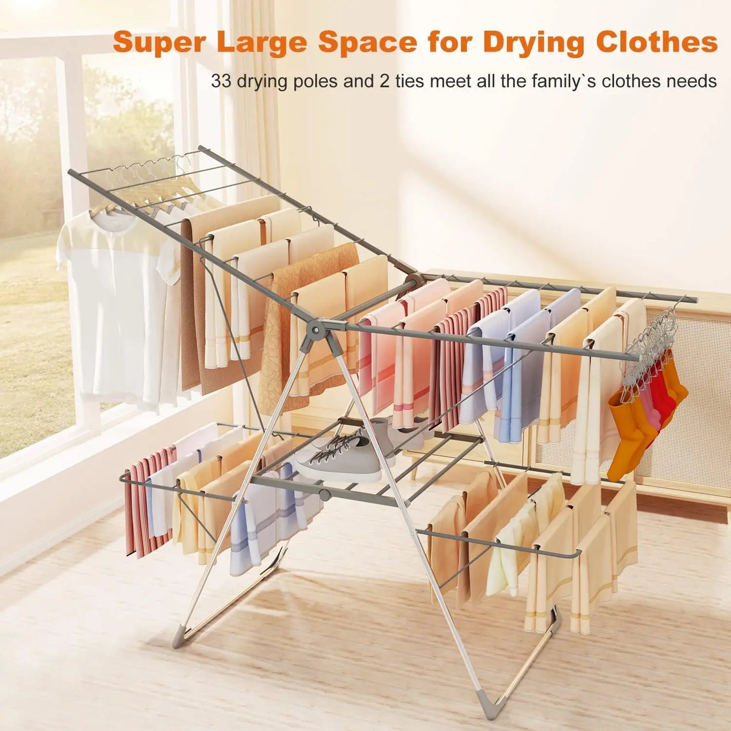 Clothes Drying Rack Foldable 2-Level Large Laundry Drying Rack Collapsible Stainless Steel Drying Rack Clothing for Indoor Outdo