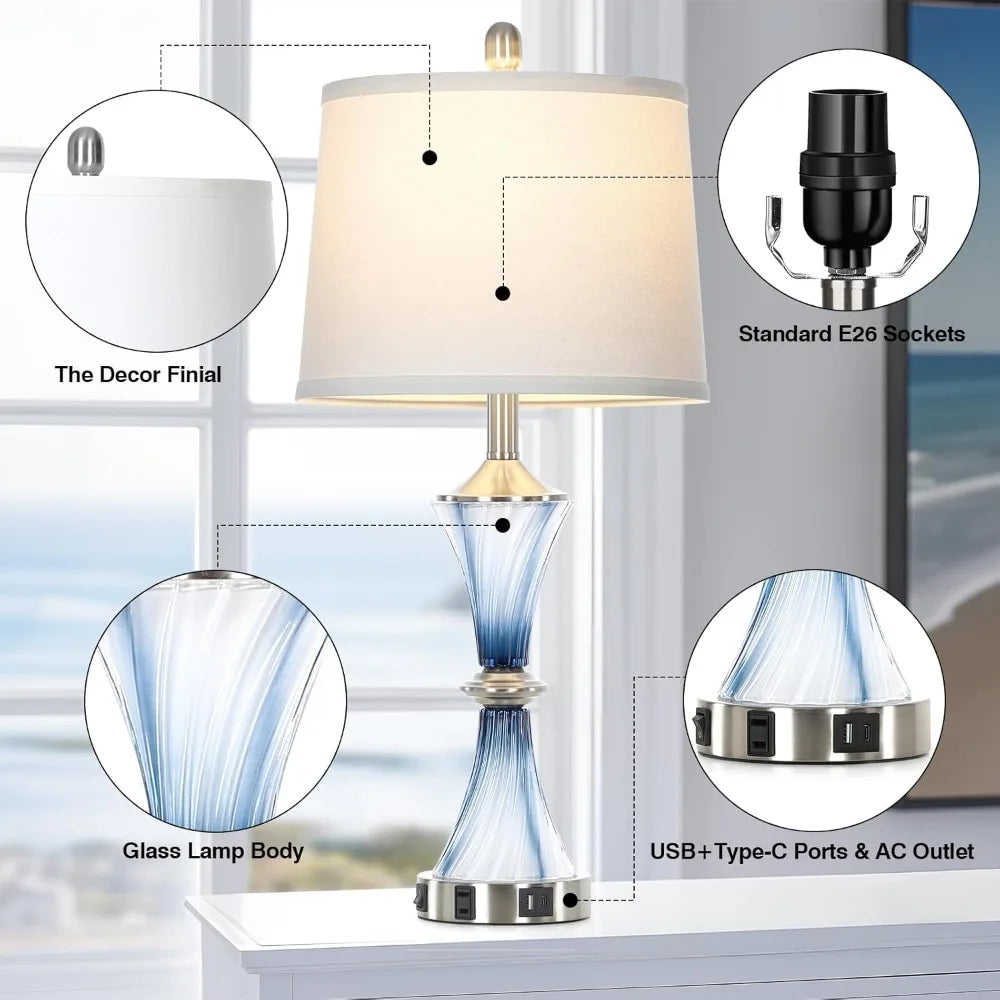 Blue Glass Table Lamp Set of 2 with USB C+A Ports & AC Outlet, Bedside Lamp, Modern Bedroom Lamps, Coastal Lamp for Night Stands