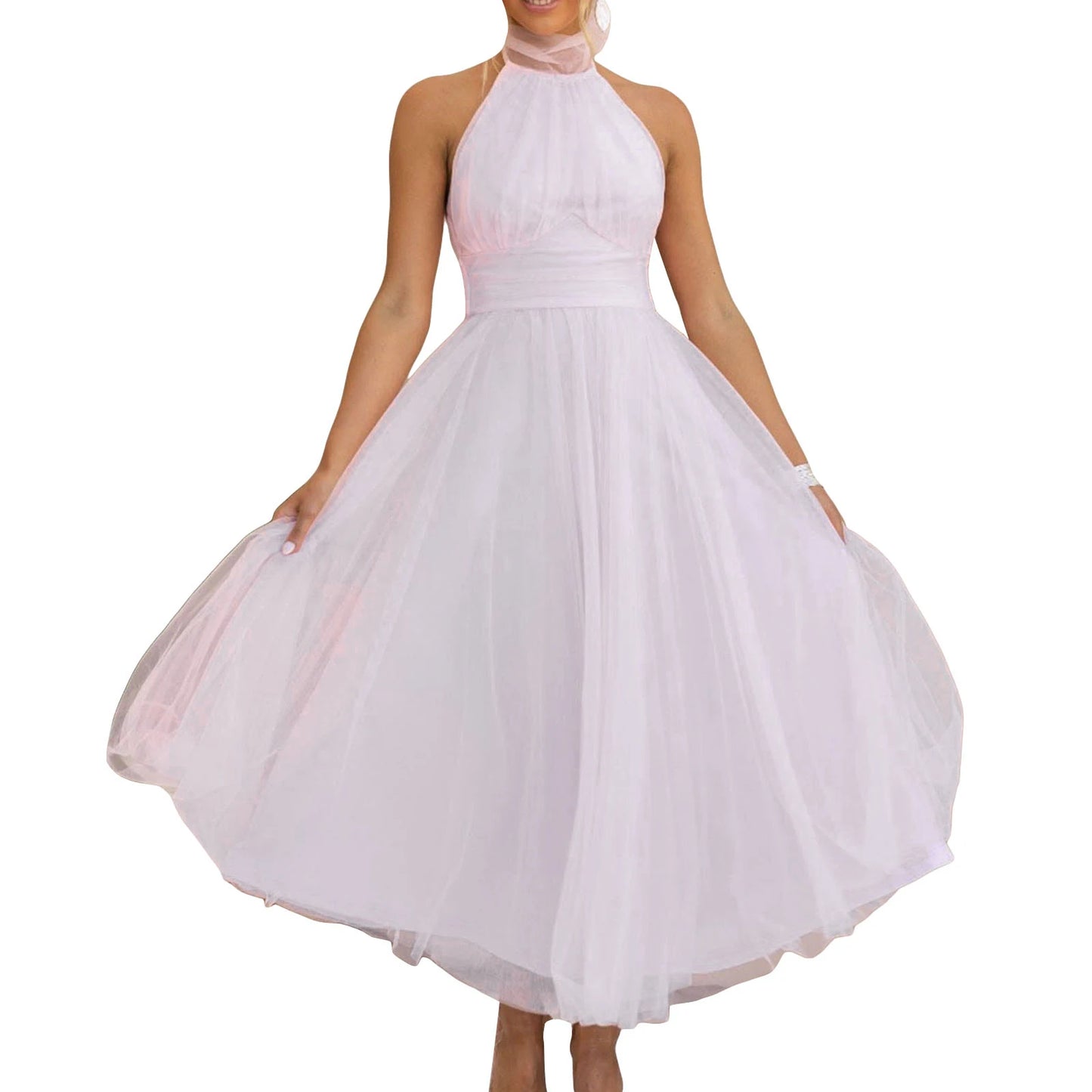 Women’s Backless Long Dress Adjustable Tie Halter Neck Tulle High Waist Solid Party Wedding Dress