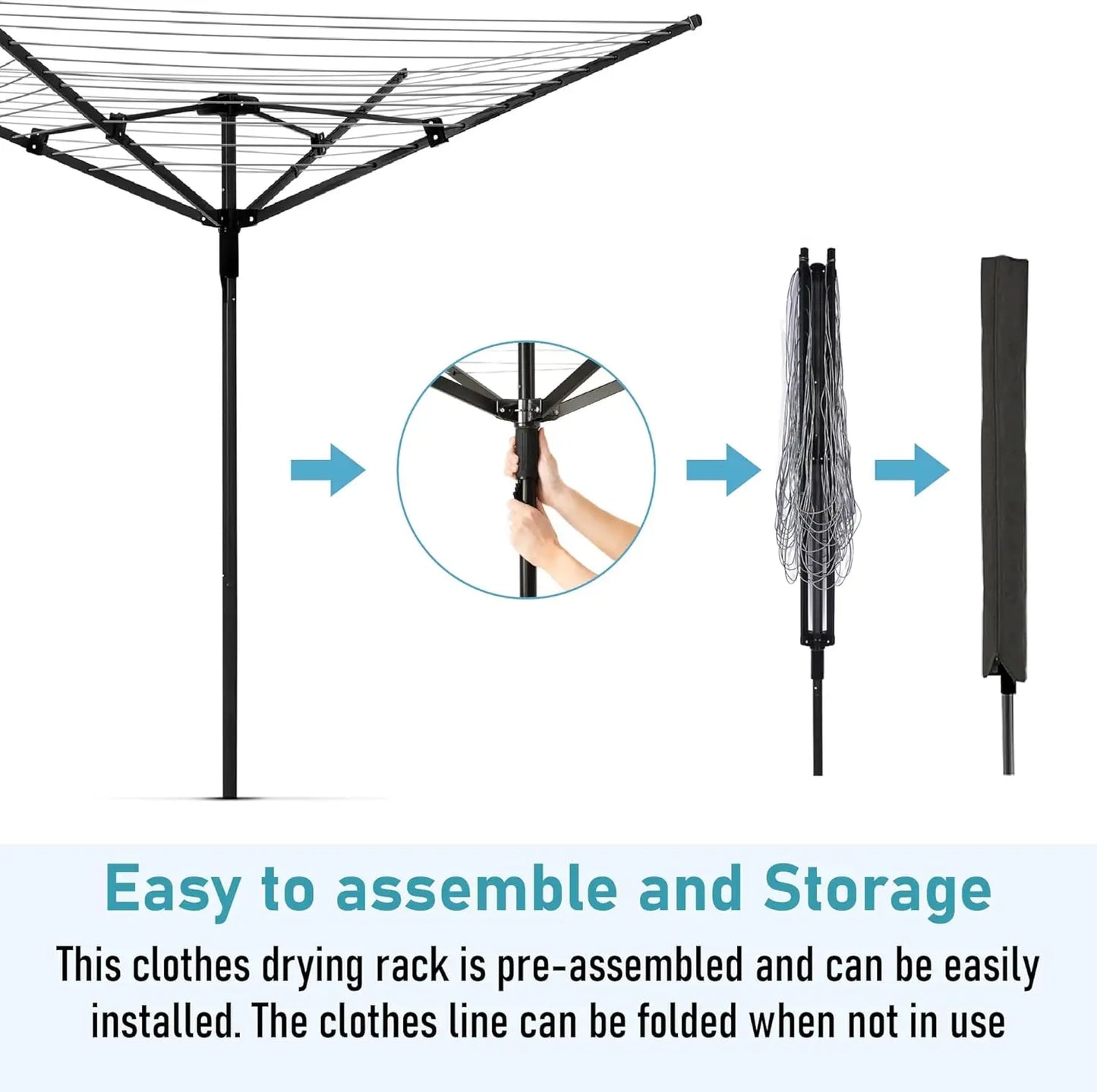 Rotary Outdoor Umbrella Drying Rack Umbrella Rotary Dryer Clothes Line Protective Cover 4 Arms with 165ft Clothesline Outdoor