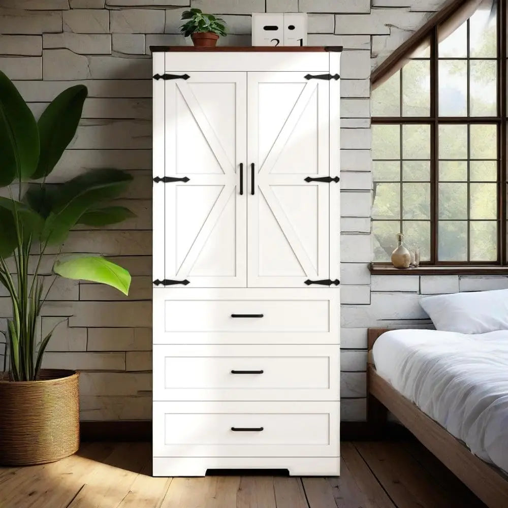Wardrobes, Freestanding Clothing Storage Cabinet, Wooden Armoire Wardrobe Closet for Bedroom,Farmhouse Armoire with Hanging Rod